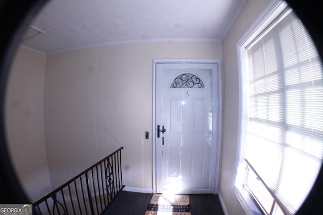 entryway featuring ornamental molding