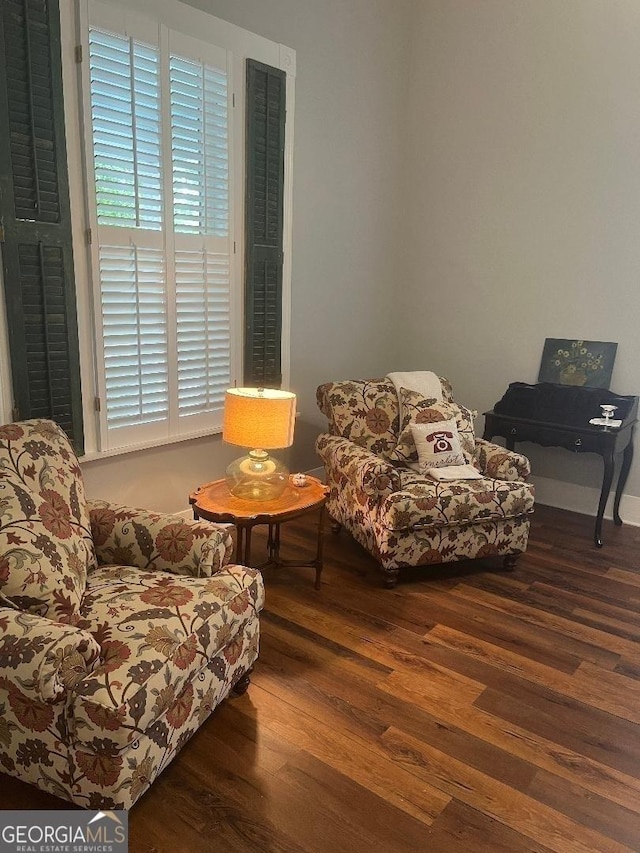 sitting room featuring dark wood-type flooring