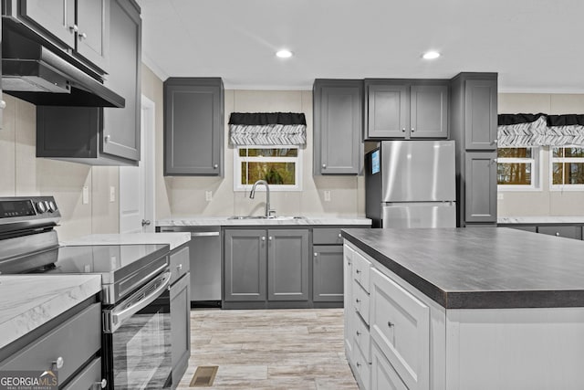 kitchen with stainless steel appliances, a sink, and gray cabinetry