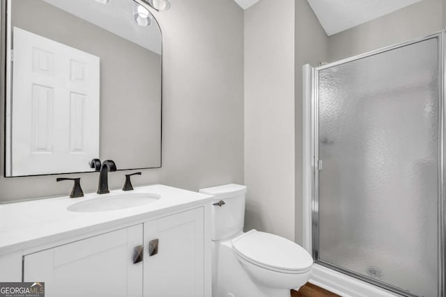 bathroom with toilet, a stall shower, and vanity