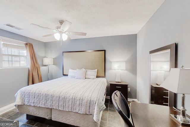 bedroom featuring visible vents, ceiling fan, a textured ceiling, and baseboards