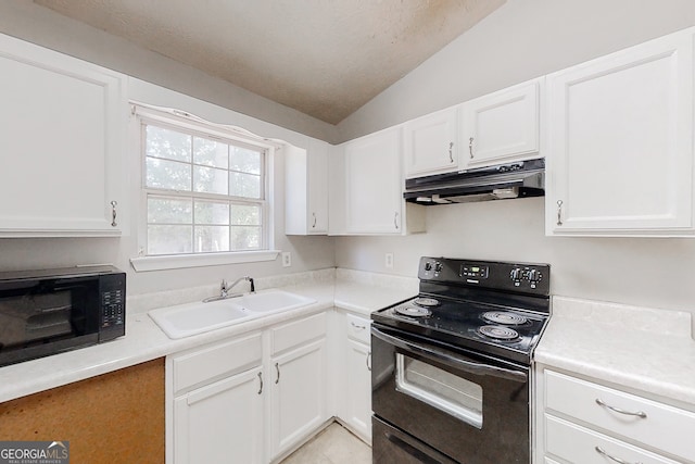 kitchen with black appliances, under cabinet range hood, light countertops, and a sink