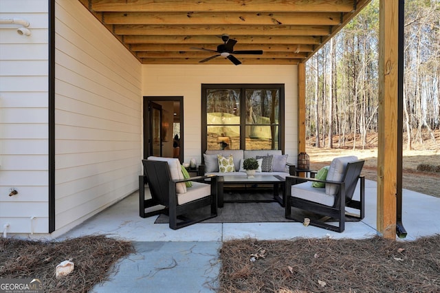 view of patio featuring ceiling fan and an outdoor living space