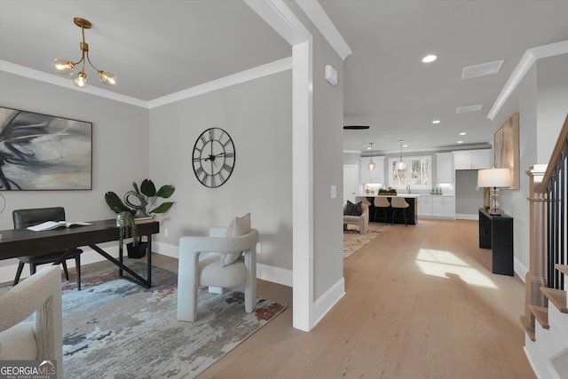 home office featuring a notable chandelier, crown molding, recessed lighting, light wood-style floors, and baseboards