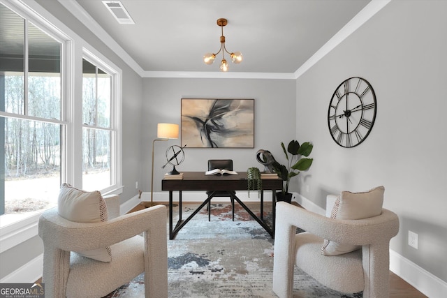 home office featuring baseboards, ornamental molding, and an inviting chandelier