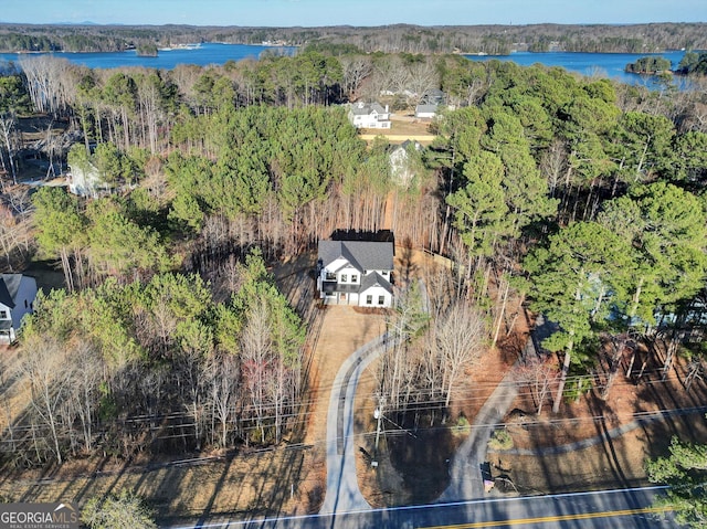 drone / aerial view with a water view and a view of trees