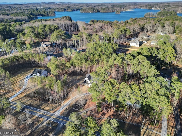 drone / aerial view featuring a water view and a view of trees