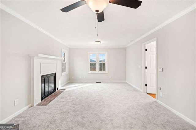 unfurnished living room with light carpet, a fireplace with flush hearth, and baseboards