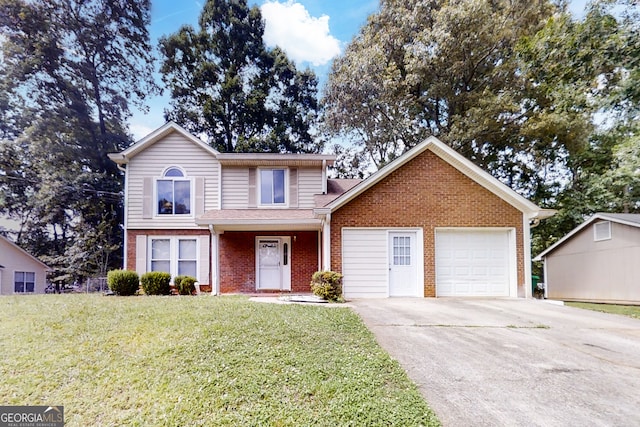 traditional-style house with a garage, concrete driveway, brick siding, and a front lawn