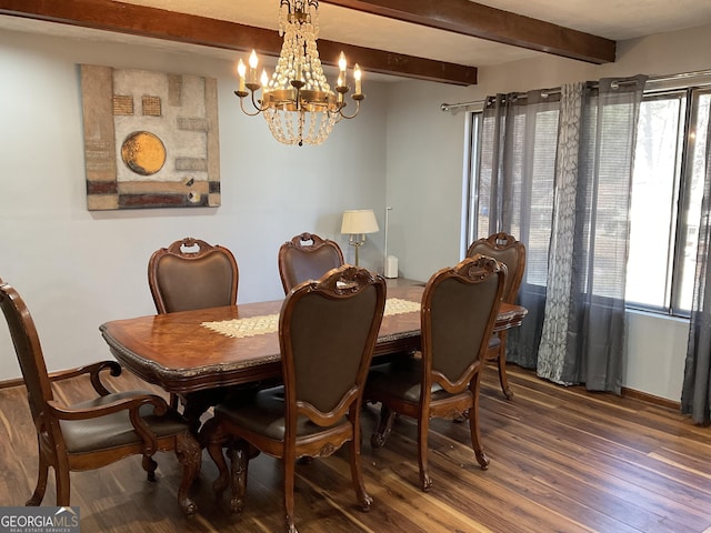 dining area featuring a wealth of natural light, a notable chandelier, beamed ceiling, and wood finished floors