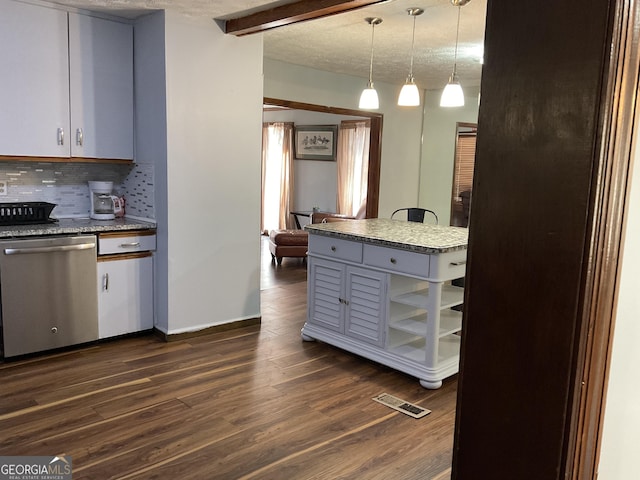 3630 High Point Ln SW, Atlanta, GA 30331 - kitchen featuring stainless steel dishwasher, dark wood finished floors, decorative backsplash, and gray cabinetry