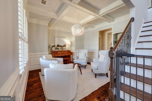 living area featuring visible vents, coffered ceiling, dark wood-style floors, stairway, and beam ceiling