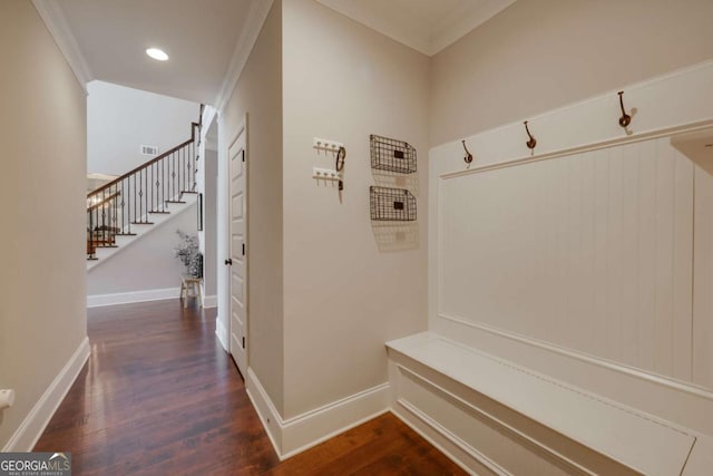 mudroom featuring recessed lighting, baseboards, dark wood-type flooring, and ornamental molding