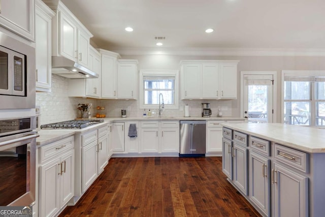 kitchen with stainless steel appliances, visible vents, white cabinets, a sink, and under cabinet range hood