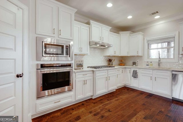 kitchen featuring decorative backsplash, appliances with stainless steel finishes, white cabinets, a sink, and under cabinet range hood