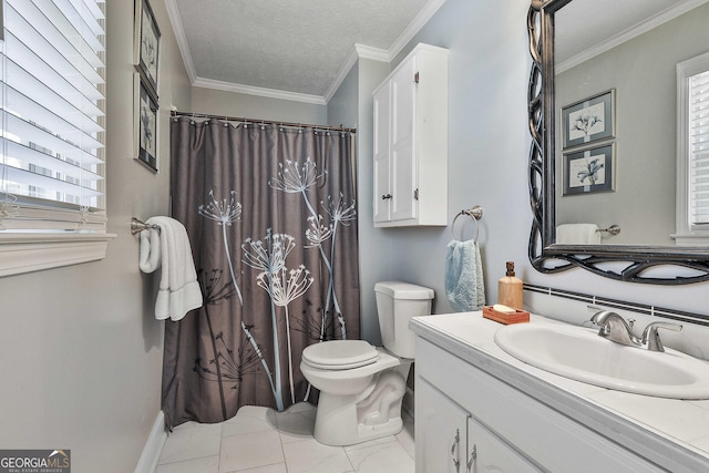 bathroom featuring toilet, ornamental molding, vanity, a textured ceiling, and a shower with curtain