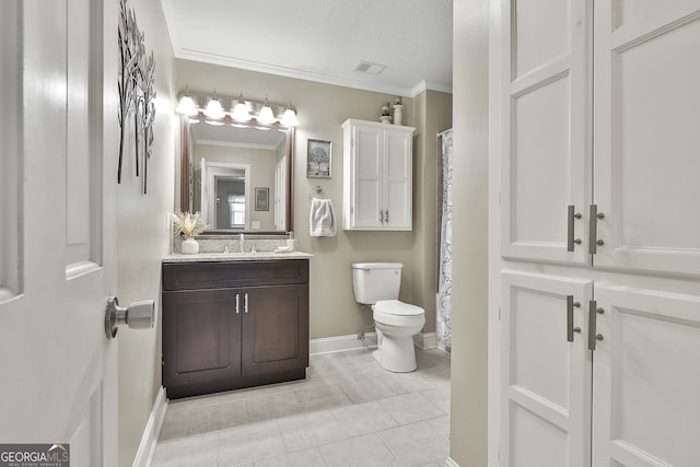 full bath with visible vents, baseboards, toilet, ornamental molding, and vanity