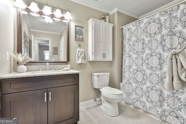 full bath featuring tile patterned flooring, crown molding, vanity, and toilet