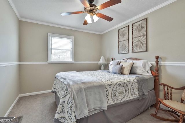 bedroom with carpet floors, baseboards, a ceiling fan, and ornamental molding