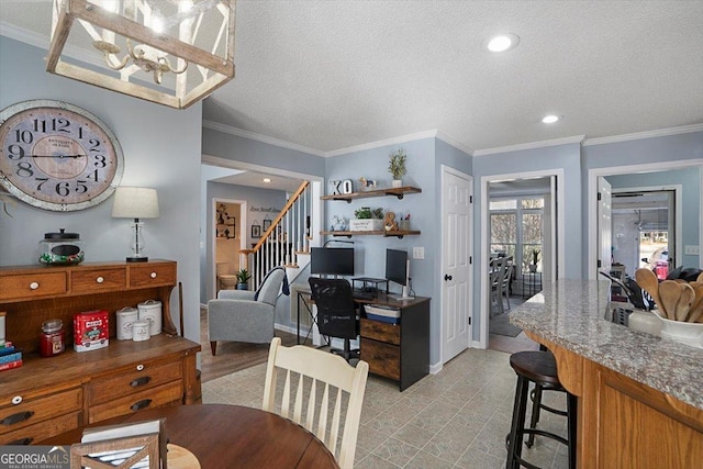 dining room with a textured ceiling, stairway, baseboards, recessed lighting, and ornamental molding