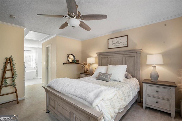 bedroom with a textured ceiling, carpet flooring, ensuite bathroom, attic access, and ornamental molding