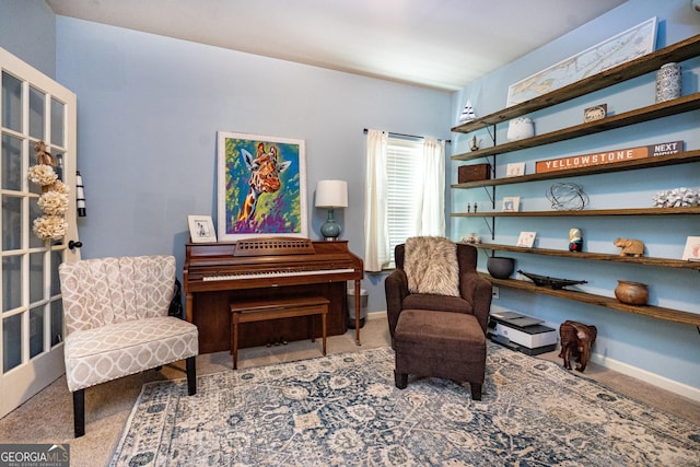 living area featuring baseboards and carpet flooring