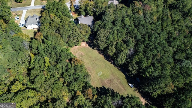 bird's eye view with a wooded view