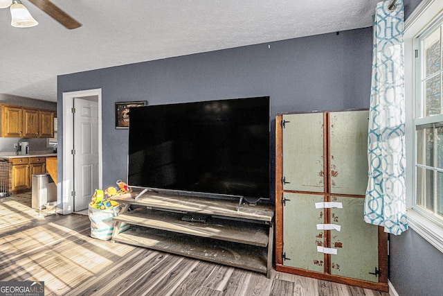 living room featuring a textured ceiling, ceiling fan, and wood finished floors