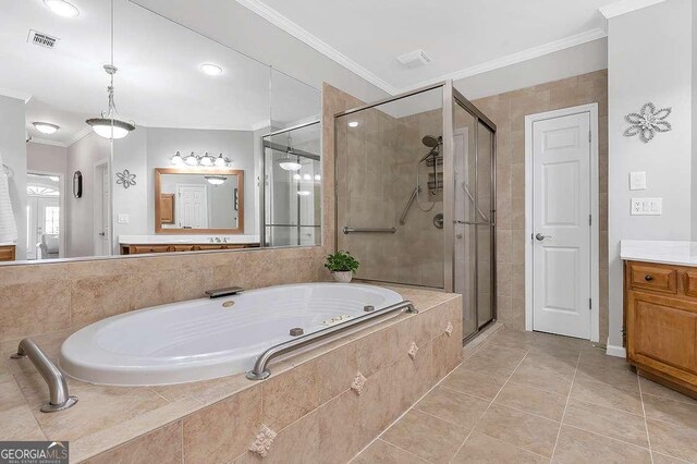 7524 Portbury Park Ln, Suwanee, GA 30024 - full bathroom featuring a garden tub, crown molding, visible vents, a stall shower, and vanity