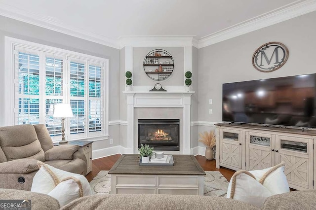 7524 Portbury Park Ln, Suwanee, GA 30024 - living area with baseboards, ornamental molding, dark wood-style flooring, and a glass covered fireplace