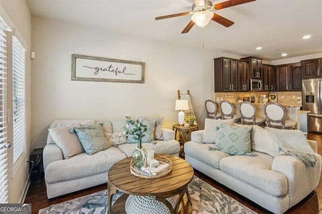 7420 Glisten Ave, Sandy Springs, GA 30328 - living room featuring a ceiling fan, wood finished floors, and recessed lighting