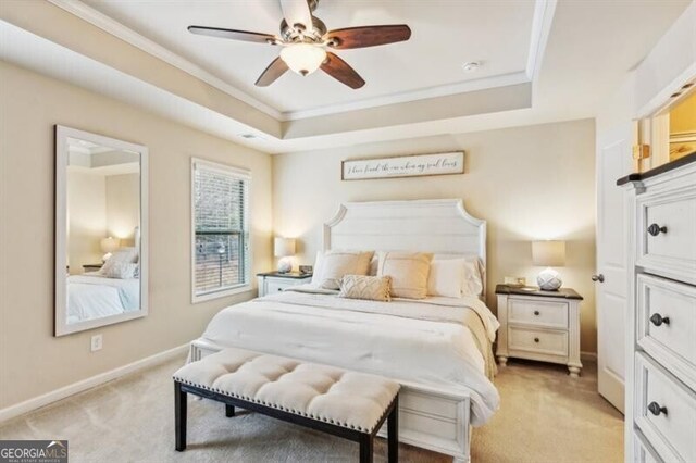 7420 Glisten Ave, Sandy Springs, GA 30328 - bedroom with crown molding, a raised ceiling, light colored carpet, and ceiling fan