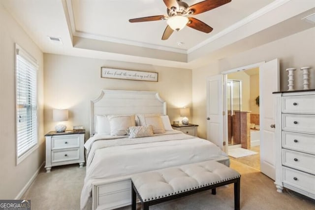 7420 Glisten Ave, Sandy Springs, GA 30328 - bedroom featuring light carpet, visible vents, a tray ceiling, and ornamental molding