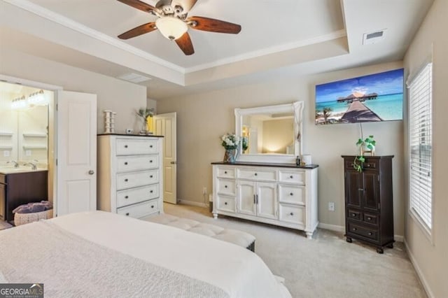 7420 Glisten Ave, Sandy Springs, GA 30328 - bedroom with light carpet, multiple windows, ornamental molding, and a raised ceiling