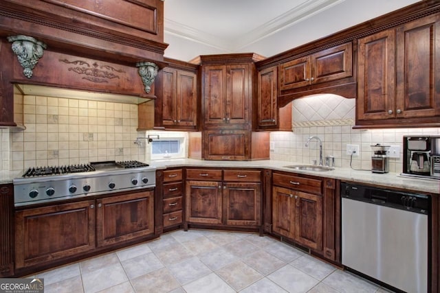 8910 Champion Ct, Ball Ground, GA 30107 - kitchen featuring appliances with stainless steel finishes, a sink, decorative backsplash, crown molding, and light tile patterned floors