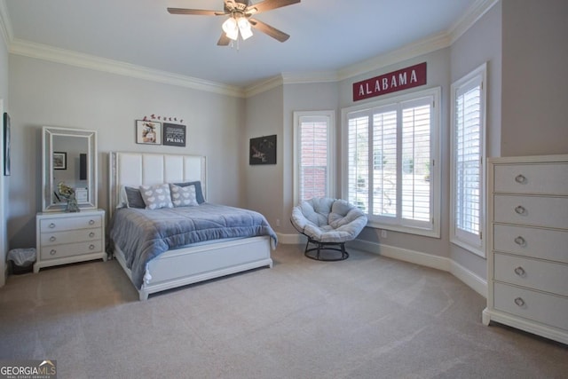 8910 Champion Ct, Ball Ground, GA 30107 - carpeted bedroom with crown molding, multiple windows, baseboards, and ceiling fan