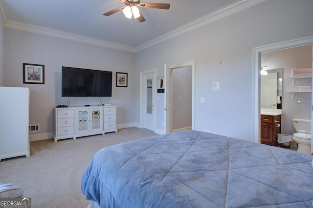 8910 Champion Ct, Ball Ground, GA 30107 - carpeted bedroom featuring crown molding, baseboards, connected bathroom, and a ceiling fan