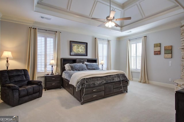 8910 Champion Ct, Ball Ground, GA 30107 - bedroom with carpet floors, multiple windows, crown molding, and a tray ceiling