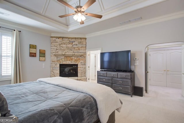 8910 Champion Ct, Ball Ground, GA 30107 - bedroom with multiple windows, light colored carpet, a raised ceiling, crown molding, and a ceiling fan