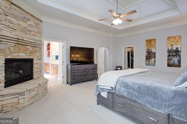 8910 Champion Ct, Ball Ground, GA 30107 - bedroom with crown molding, carpet flooring, a fireplace, a walk in closet, and ensuite bathroom