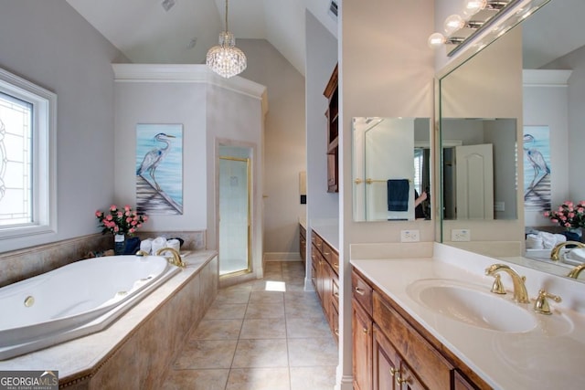 8910 Champion Ct, Ball Ground, GA 30107 - full bath featuring vanity, a bath, a stall shower, vaulted ceiling, and a chandelier