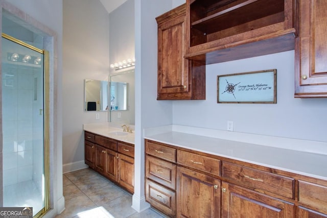 8910 Champion Ct, Ball Ground, GA 30107 - bathroom featuring vanity, a stall shower, and tile patterned flooring