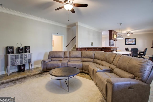 8910 Champion Ct, Ball Ground, GA 30107 - carpeted living room featuring a ceiling fan, ornamental molding, stairs, and baseboards