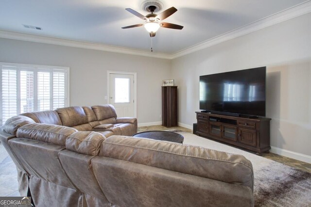 8910 Champion Ct, Ball Ground, GA 30107 - living area featuring ornamental molding, a ceiling fan, and baseboards