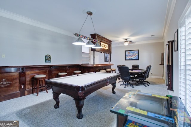 8910 Champion Ct, Ball Ground, GA 30107 - game room featuring ornamental molding, carpet flooring, billiards table, and ceiling fan