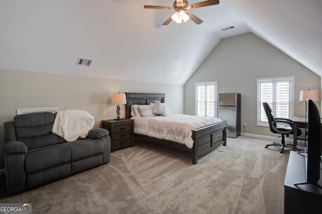 8910 Champion Ct, Ball Ground, GA 30107 - bedroom with vaulted ceiling, light colored carpet, ceiling fan, and baseboards