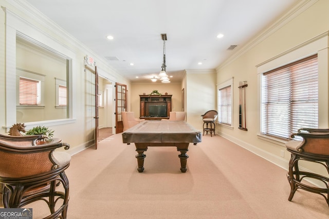 playroom featuring light carpet, pool table, visible vents, baseboards, and ornamental molding