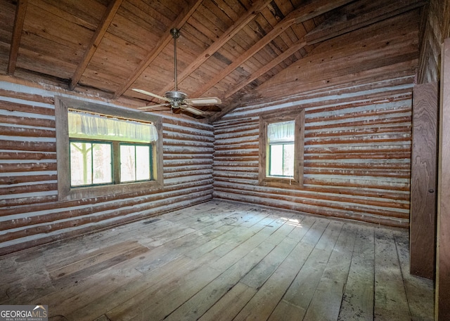 346 Old Seven Forks Rd, Martin, GA 30557 - spare room featuring vaulted ceiling with beams, wood ceiling, hardwood / wood-style floors, a ceiling fan, and log walls
