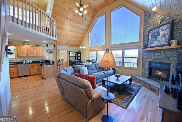 living area with wooden ceiling, a fireplace, and light wood finished floors