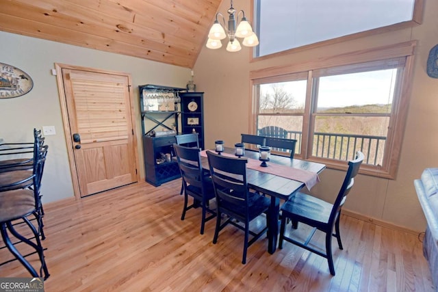 dining space with wooden ceiling, baseboards, vaulted ceiling, light wood-type flooring, and an inviting chandelier